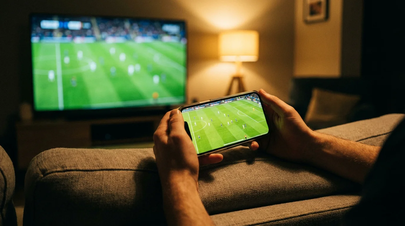 Como funcionam as apostas ao vivo no futebol — ecrã de smartphone com jogo em direto